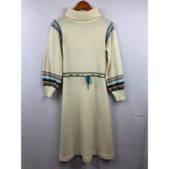 Dresses & Skirts - Vintage Cream Knit Dress With Striped Sleeves & Turtleneck